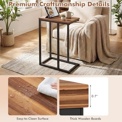 Giantex C-Shaped End Table, Set of 2 Small Sofa Couch Side Table that Slide Under with Metal Frame & Spacious Tabletop, Bedside Laptop TV Tray for Living Room Bedroom Small Spaces (Walnut) - color: Walnut