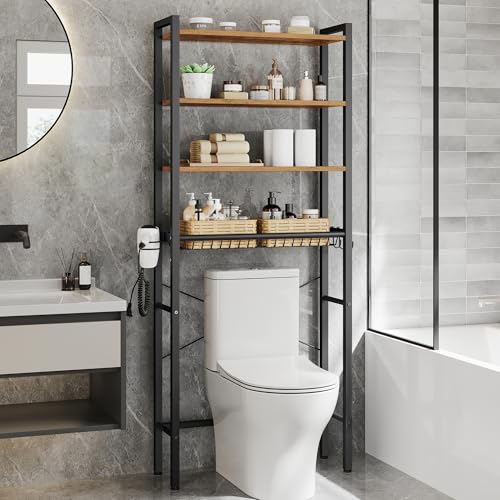 VASAGLE BARNET Collection - Over the Toilet Storage, Over Toilet Bathroom Organizer with Adjustable Shelves and Basket, 3 Hooks, Space Saving, 9.4 x 23.6 x 68.1 Inches, Rustic Brown UBTS114KD01S - color: Rustic Brown, style: 4 Tiers (68.1" H)