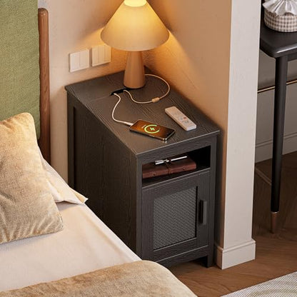 Huuger Narrow Night Stand, End Table with Charging Station, USB-C Port, Rattan Side Table with Cabinet and Open Shelf, Synthetic Rattan, for Small Spaces, Bedroom, Black - color: Black