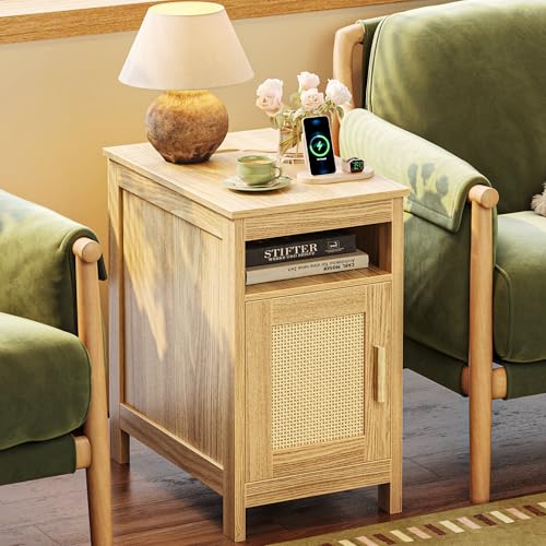 Huuger Narrow Night Stand, End Table with Charging Station, USB-C Port, Rattan Side Table with Cabinet and Open Shelf, Synthetic Rattan, for Small Spaces, Bedroom, Natural Wood - color: Natural Wood