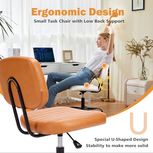 Sweetcrispy Small Office Desk Chair, Armless PU Leather with Comfy Lumbar Support, Height Adjustable Rolling Swivel Task for No Arms, for Adult, Student, Bedroom, Home, Vanity, Brown - color: Leather Brown