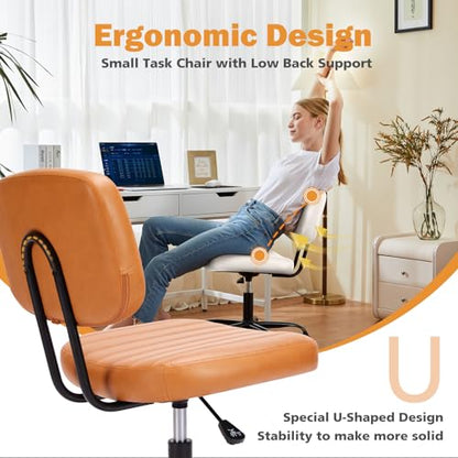 Sweetcrispy Small Office Desk Chair, Armless PU Leather with Comfy Lumbar Support, Height Adjustable Rolling Swivel Task for No Arms, for Adult, Student, Bedroom, Home, Vanity, Brown - color: Leather Brown