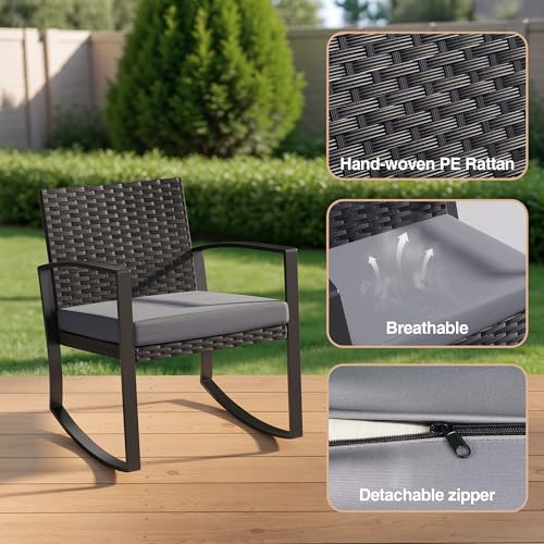 Qsun 3 Pieces Patio Furniture Set Rocking Bistro Set Outdoor Rattan Conversation with Coffee Table for Garden Balcony Backyard Poolside (Grey Cushion) - color: Grey