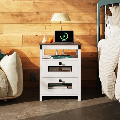 WLIVE Nightstand with Charging Station, Farmhouse End Table, Bed Side Table with 2 Storage Drawers and Open Shelf, Wood Rustic Nightstands for Bedroom, White - color: White, style: Farmhouse