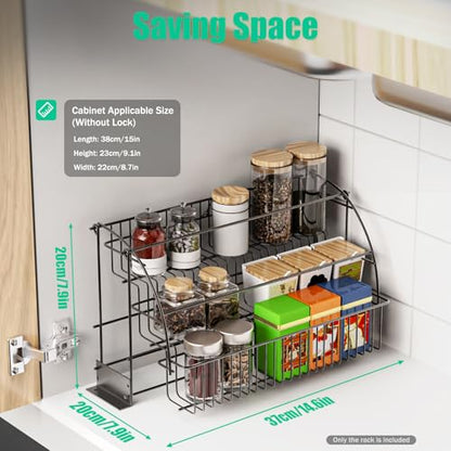 Spice Rack Organizer, 3 Tier Retractable Pull Down Cabinet Mount, Space Saving Design, Rust Resistant Heavy Duty with Railing Stopper & Mounting Screws for Kitchen Cabinet Pantry Cupboard