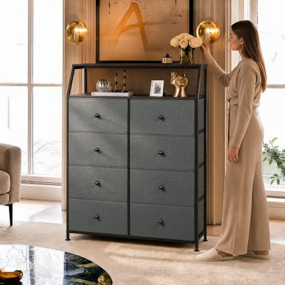 WLIVE Bouclé Fabric Dresser for Bedroom, 8 Drawer Storage Tower, Grey | Premium Bouclé Fabric Tall Dresser, Storage Tower with Open Shelf,Easy Assembly Dresser - color: Grey, style: Raised Shelves