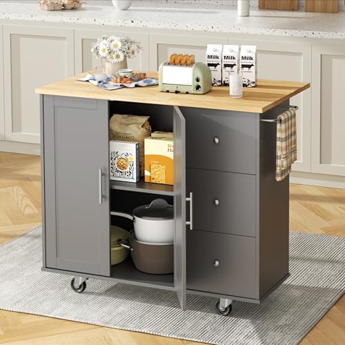 Shintenchi Kitchen Island with Folding Drop Leaf, Rolling Island Table with Storage, Kitchen Cabinet on Wheels with Seating Area for Kitchen, Bar Cart with Cabinet, Gray - color: Grey