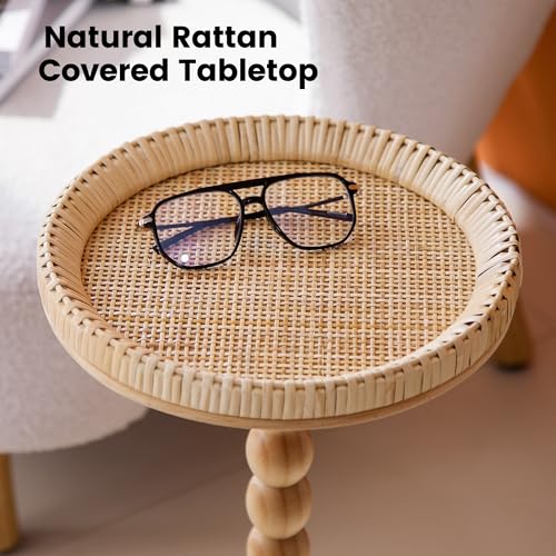 Drink Table，Rattan Round Small Side Table for Small Spaces, Boho Circle End Table Coffee Table with Solid Wood Leg for Living Room, Pedestal Table for Bedroom, Corners - size: High: 21.4", style: Bohemian