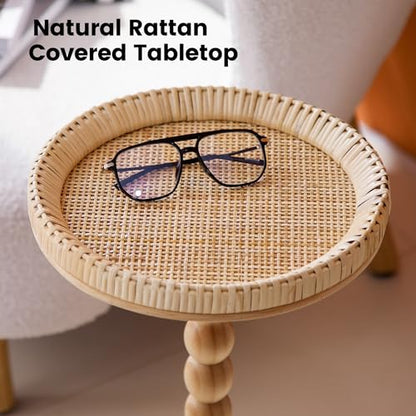 Drink Table，Rattan Round Small Side Table for Small Spaces, Boho Circle End Table Coffee Table with Solid Wood Leg for Living Room, Pedestal Table for Bedroom, Corners - size: High: 21.4", style: Bohemian