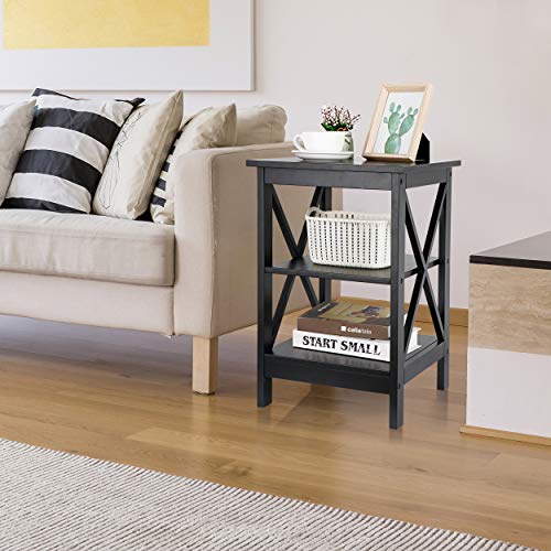 Nouva Square Side Table with Storage 3 Tier Small End Table 16 x 16 Inch Wooden X-Design Table Nightstand for Living Room Bedroom Office Nursery Entryway, Black - color: Balck