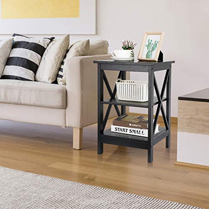 Nouva Square Side Table with Storage 3 Tier Small End Table 16 x 16 Inch Wooden X-Design Table Nightstand for Living Room Bedroom Office Nursery Entryway, Black - color: Balck