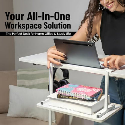 Small Rolling Desk with Wheels, Adjustable Height 27"-43.3" Portable Standing Desk, 31.5"x15.7" Tabletop, Mobile Laptop Computer Table for Home Office Workstation, White - color: White