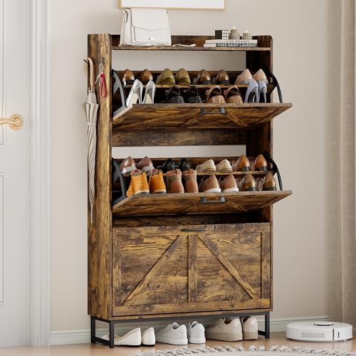 Wodeer Shoe Cabinet Storage for Entryway, Shoe Storage Cabinet with 3 Flip Drawers, Freestanding Narrow Shoe Rack Organizer with Metal Legs & Side Hook for Foyer, Hallway, Brown - color: Brown, style: 3 Drawers