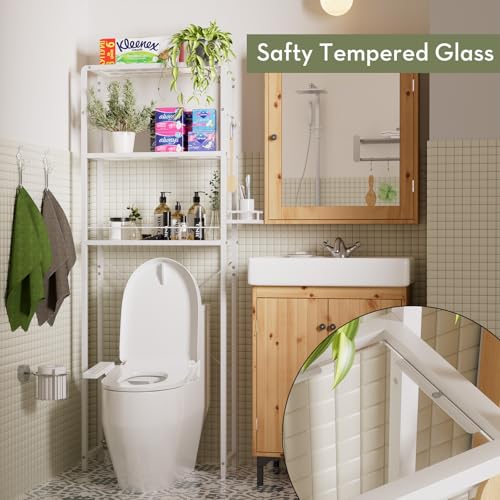 Glass Over the Toilet Shelf, 3-Tier Over-The-Toilet Storage Rack, Adjustable Shelf Bathroom Organizer, White Space Saving Shelves
