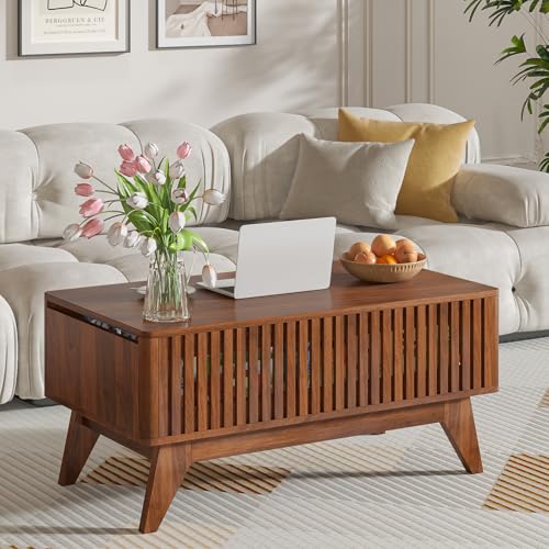 Lift Top Coffee Table with Hidden Compartment, Mid Century Modern Coffee Table for Living Room, Fluted Design Farmhouse Center Table with Storage (Walnut, 35.4" W) - color: Walnut