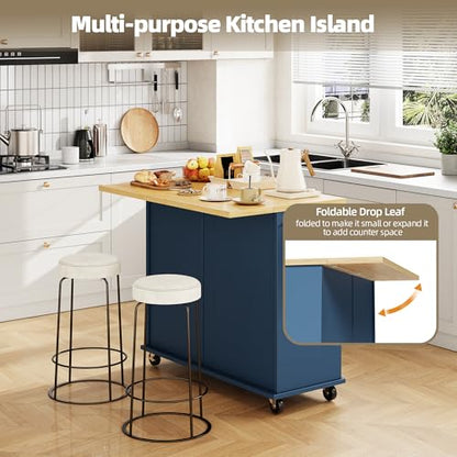 SUNLEI Kitchen Island with Storage, Rolling Kitchen Island Cart with Wheels & Drop Leaf & Towel Rack & 2 Drawers, Portable Island Table for Kitchen (Blue, 39.6“) - style: Blue