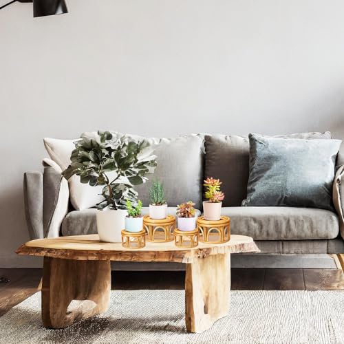 Wenqik 4 Pcs Boho Rattan Plant Stand Woven Wicker Round Riser Stand Indoor Rustic Farmhouse Natural Circle Plant Pedestal Round Accent Centerpiece for Home Kitchen Office Display, 2 Size