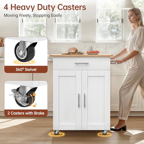 Mobile Kitchen Island on Wheels, Large Drawer, White | On Wheels, Large Drawer, Adjustable Shelf, Towel Rack, Rolling Island Table,for Kitchen & Dining Room - size: Small Kitchen Island, style: Modern White