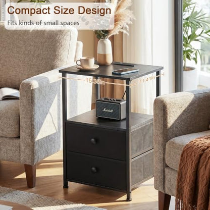 LOAKEKEL Night Stand, Nightstands Set of 2 with Charging Station | Bedside Table with 2 Fabric Drawers for Bedroom, End Tables with Storage Shelf for Small Spaces, Black - color: Black, style: Power