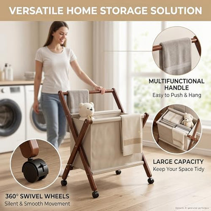 Foldable laundry cart with X-Frame – Small Bamboo wood laundry hamper | laundry basket on wheels Bathroom, RV, Dorm Collapsible Space Saving Clothes Hamper with Removable Cotton Liner