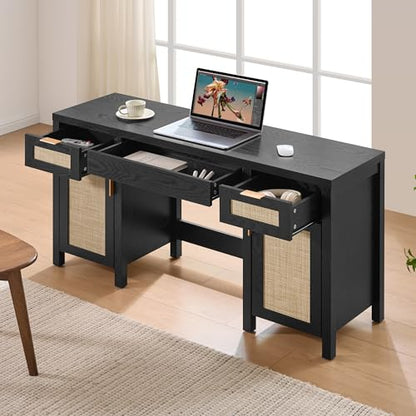SICOTAS Rattan Vanity Home Office Desk with 3 Drawers, 52 Inch Vanity Table | Farmhouse Boho Makeup Vanity Dressing Table with Large Storage, Vanities Desk for Makeup Room, Bedroom, Office - size: 1 Piece, style: Black Oak