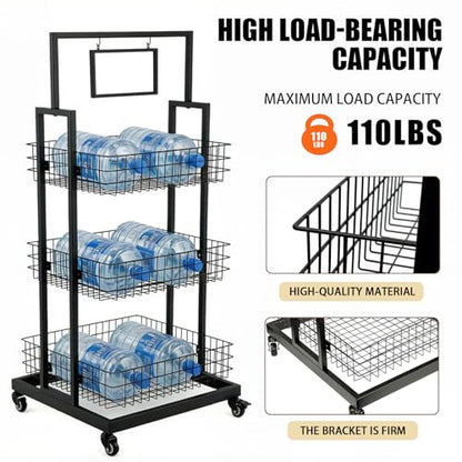 3-Tier Metal Wire Basket Display Cart with Lockable Casters and Blank Sign Holder Multipurpose Storage Rack for Snack Candy Fruit Bakery Convenience Store Kitchen Pantry