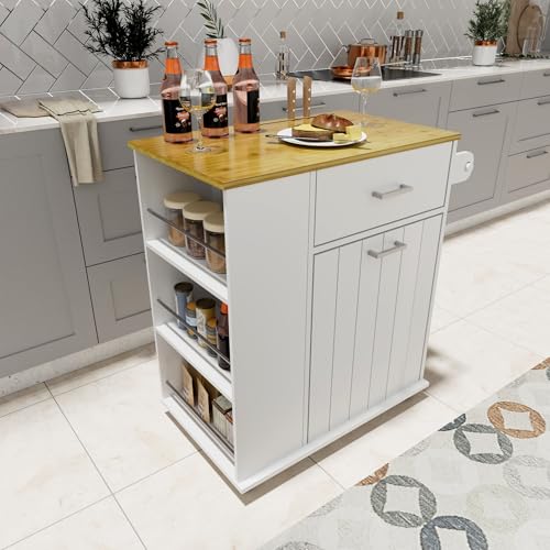 HQZX Rolling Kitchen Island with Trash Can Storage, Portable Kitchen Island on Wheels with Towel Rack & Spice Rack, Tilt Out Trash Can Cabinet with Drawer, Mobile Island Cart (White) - color: White