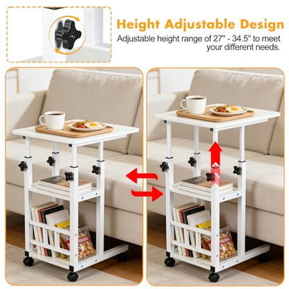 Adjustable C Table,Over Bed Table with Wheels,Rolling Side Table, Over Bed Table with Wheels, Bedside Table, for Sofa Side Small Space, Stable Multi Storage Desk (White) - color: White