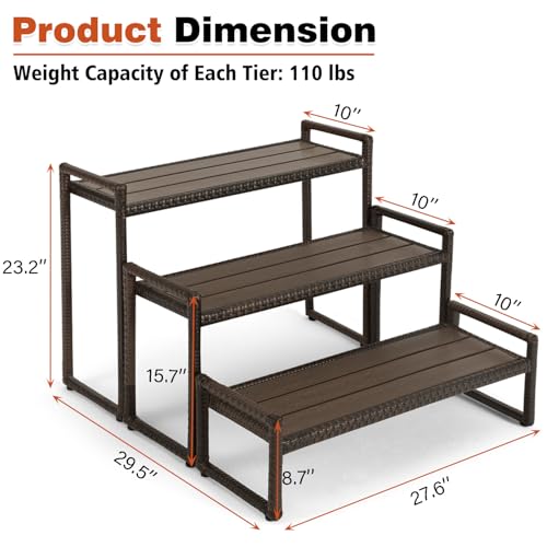 Outdoor Plant Stand 3 Tier Shelf for Patio Flower Pot Planter Stand Holder with Wicker Poly Lumber Shelves Multiple Tall Tiered Plant Display Rack with Adjustable Feet Heavy Duty Stackable Brown
