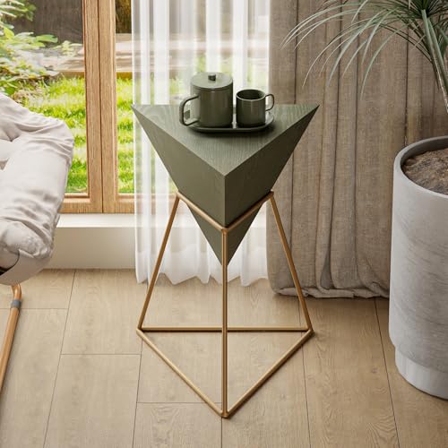 COZAYH Modern Geometric End Table with Wooden Top and Golden Metal Base, Unique Pyramid Side Table Plant Stand for Office, Living Room, Bedroom, Fully Assembled, Triangle, Green - color: Green