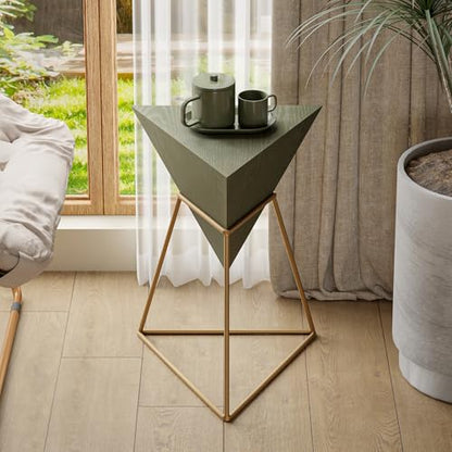 COZAYH Modern Geometric End Table with Wooden Top and Golden Metal Base, Unique Pyramid Side Table Plant Stand for Office, Living Room, Bedroom, Fully Assembled, Triangle, Green - color: Green