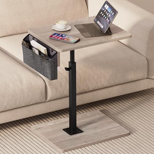 Vagusicc Sofa Armrest Tray Table for Couch, 360° Swivel Height Adjustable TV Tray Table for Small Spaces, Snack Side Table for Couch, Bed, Chair, C Shaped End Side Table for Eating, Reading, Laptop - color: Greige, style: With Storage Bag