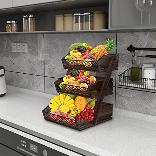 Dorhors Fruit Basket for Kitchen,Fruit Bowl,Kitchen Counter Organizer,Wooden Vegetable Holder for Countertop,Bread Storage Basket Stand(3 Tier) - size: 3 Tier