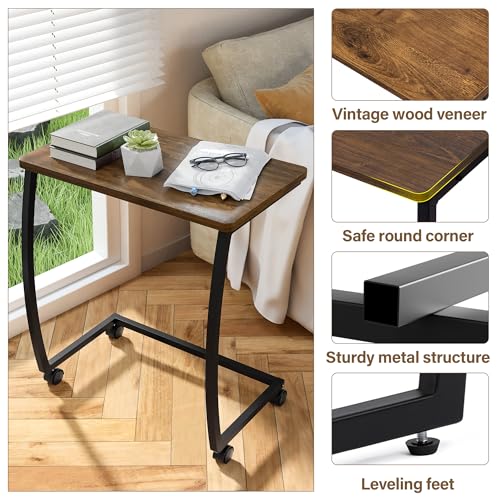 SRIWATANA Side Table, C-Shaped End Table with Rolling Wheels,Rustic Sofa Couch Table for Laptop Coffee Snack, Dark Walnut - color: Dark Walnut W/ Caster
