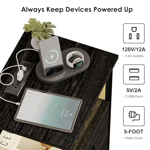 Fixwal Night Stand with Charging Station, LED Nightstand with Fabric Drawers, End Table with PU Finish, Bed Side Table, Black Oak - color: Black Oak, size: 27.6"H (3 drawers), style: Power+Light (1pc)