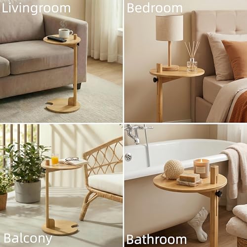 Bamboo Side Table for Sofa - Adjustable Height C Shaped End Tables for Small Spaces, Couch, Bedside, Living Room, 12.6x12.6x26 Inch TV Tray Round Stand for Drink, Snack, Coffee (Natural) - color: Natural