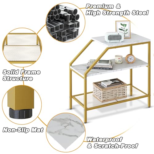 Wolawu End Table 3 Tiers 2pcs White Marble Wood Nightstand with Storage Ladder Shelf,Industrial Sofa Side Table for Small Space, Modern Trapezoid Plant Stand in Living Room Bedroom,Gold Metal Frame - color: White Marble