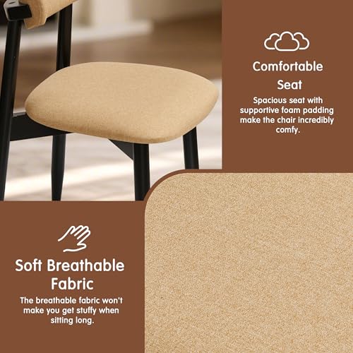 CHUN YI Dining Chairs Set of 6, Upholstered Solid Wood Dining Room Chairs, Mid Century Modern Fabric Kitchen Chairs with Ergonomic Curved Back, Khaki (Only Chairs) - color: Khaki, size: Set of 6