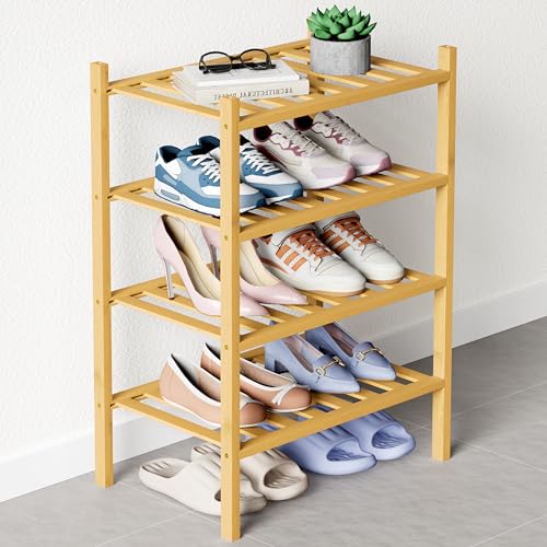 Smiry Bamboo Shoe Rack for Closet, 4 Tier Small Wooden Shoe Organizer, Stackable Wood Shoe Storage Shelf for Entryway, 14 Vertical Slats, 2+2 Stack Heavy-Duty Legs, 17.32"x11.02"x25.98", Natural - color: Natural, size: 4 Tier - Small