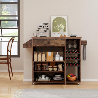 Giantex Rolling Kitchen Island Cart with Drop Leaf, Power Outlet, Spice Rack, 12 Wine Rack, Glass Holder, Drawer, Storage Cabinet, Towel Rack, Island Table for Breakfast Coffee Bar (Rustic Brown) - color: Rustic Brown