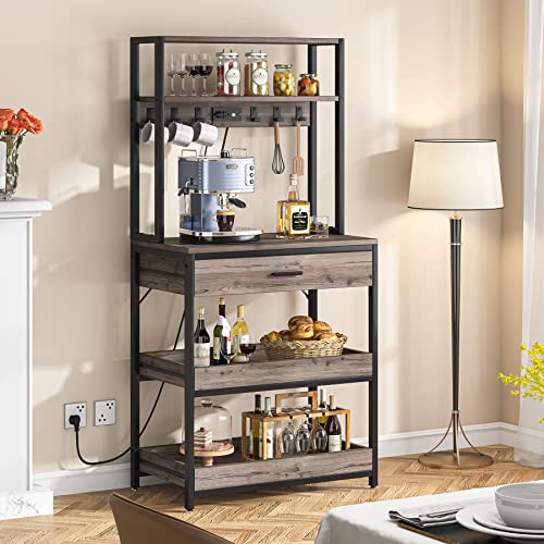 LITTLE TREE Kitchen Baker’s Rack with Power Outlets, Freestanding 5-Tier Microwave Stand with Drawers & Sliding Shelves, Coffee Bar with 6 Hooks for Dining Room Living Room, Grey & Black - color: Grey Black