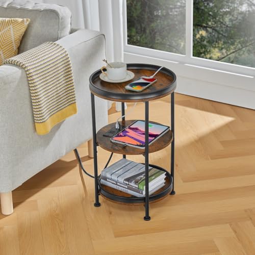 Dulcii Round Side Table with Charging Station, End Table with 3 Shelves for Living Room, Bedroom Nightstand for Small Spaces, Industrial Round Sofa Table with Steel Frame (USB+Rustic Brown) - color: Rustic Brown, style: With Outlets