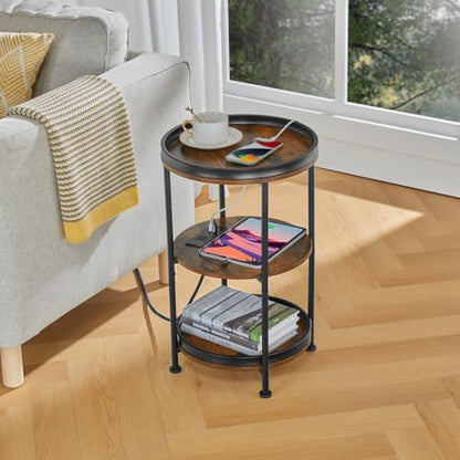 Dulcii Round Side Table with Charging Station, End Table with 3 Shelves for Living Room, Bedroom Nightstand for Small Spaces, Industrial Round Sofa Table with Steel Frame (USB+Rustic Brown) - color: Rustic Brown, style: With Outlets