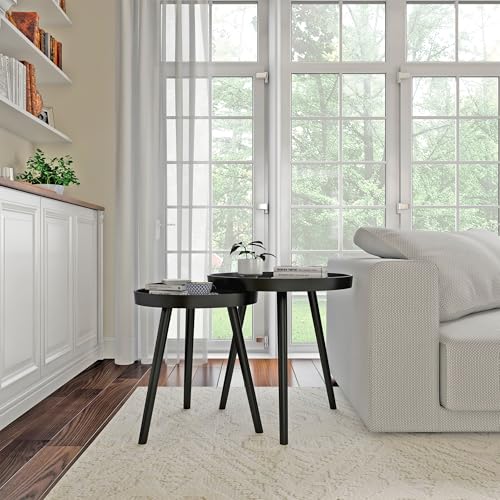 Lavish Home Nesting Side Tables, Black, Set of 2, 21.5”/16” | Round End Tables with Tray Tops for Living Room, Bedroom, or Home Office, Mid-Century Modern Living Room Furniture