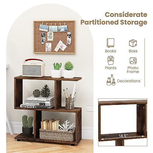 Tangkula 2 Tier Geometric Bookshelf, Freestanding Wood Display Shelf, Home Office Room Divider S Shaped Open Bookcase, Small Bookshelf for Small Spaces, Living Room, Study (Coffee, 1) - color: Coffee, size: 1