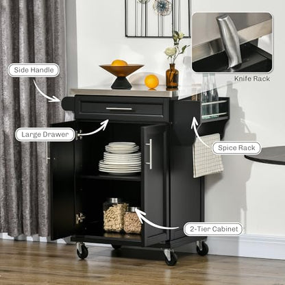 HOMCOM Kitchen Island on Wheels, Rolling Kitchen Cart with Stainless Steel Countertop, Drawer, Towel Rack and Spice Rack, Utility Storage Trolley, Black - color: Black
