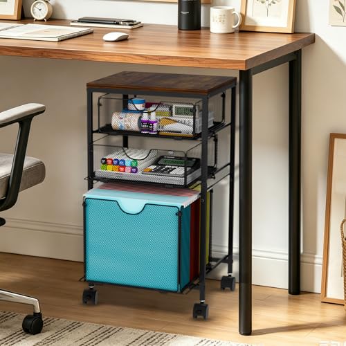 BOHDK Rolling File Cart with 3 Storage Drawers, Wood & Mesh Hanging File Folder Organizer with Wheels Under Desk, File Cabinets for Home Office, 11.81" D x 14.8" W x 25.39" H, Black - color: Rustic Brown & Black