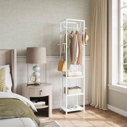 ELYKEN Coat Rack Freestanding, Hall Tree with 3 Storage Shelves and 12 Hooks, Industrial Clothes Rack Stand Organizer for Bedroom, Hallway, Entryway, Office, Living Room, White - color: White