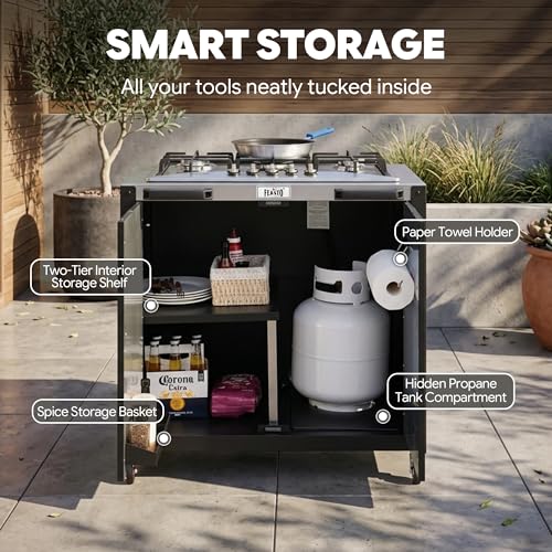 Feasto Outdoor Kitchen Island with Propane Gas Stove and Storage Cabinet, 35-Inch Outdoor Cooking Station with 304 Stainless Steel Top & Lockable Wheels for Backyard Patio, Black & Silver - size: Outdoor Gas Stove