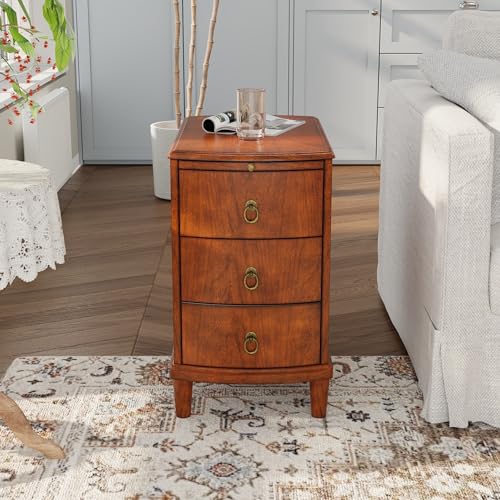 Solid Wood End Table with 3 Drawers and Slide-Out Coffee Tray | Cherry Red American Beside Table, Sofa Chair Side Table Nightstand for Living Room Bedroom, Rustic Wood Grain Accent Table - size: 22.6" Wood End Table